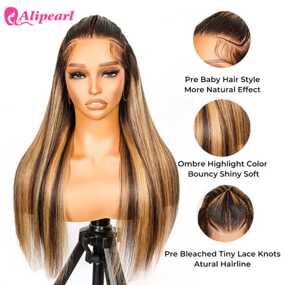 Alipearl Hair Highlight Ombre Colored 3 Part Pre Braided Wig 13x4 Lace Frontal Wig Straight Stylist Wig Pre Cut Wig