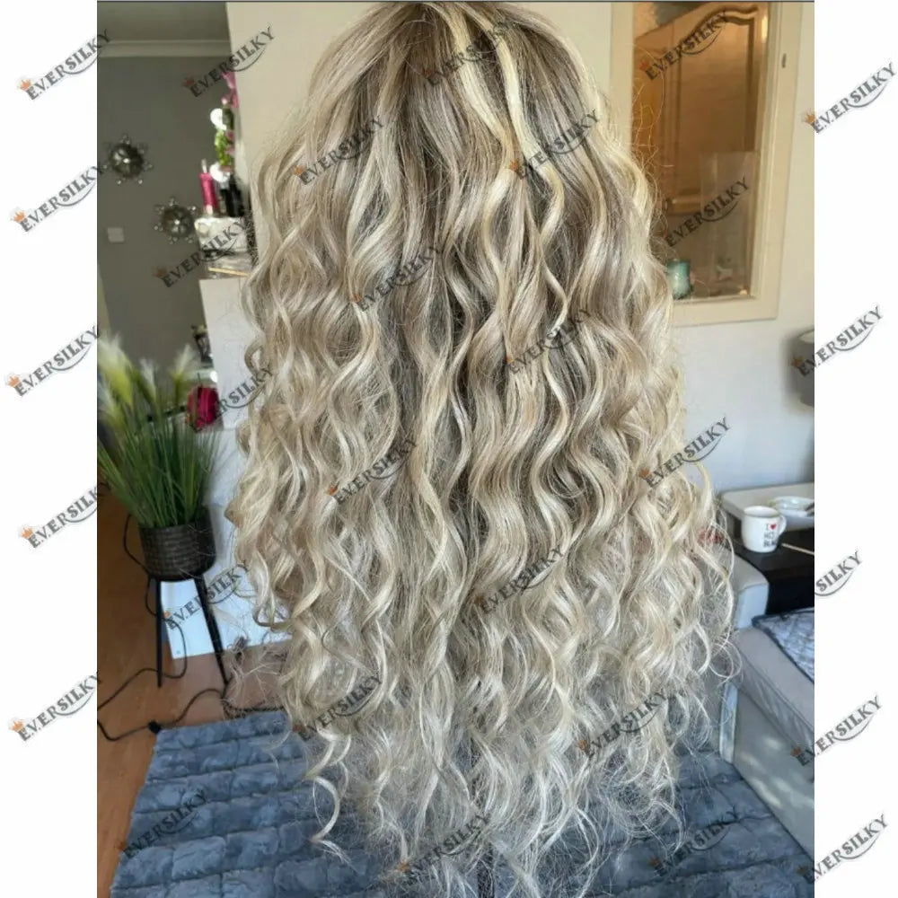 Glueless U Part Wig Human Hair Dirty Blonde Highligths Balayage Roots Curly Wig V Part Wig 100% Virgin Human Hair Wig for Women