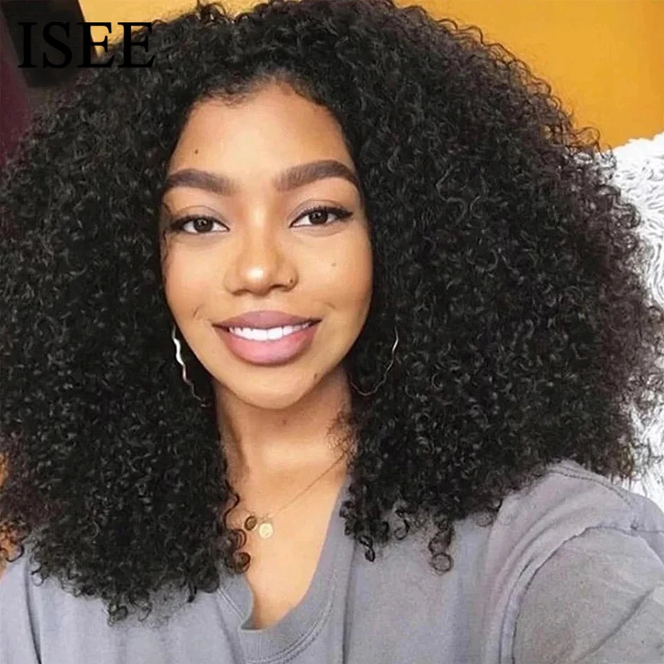 ISEE Hair Wear Go 7x5 Glueless HD Afro Kinky Curly Lace Front Wig Human Hair Transparent Deep Curly Wigs Pre Cut PrePlucked