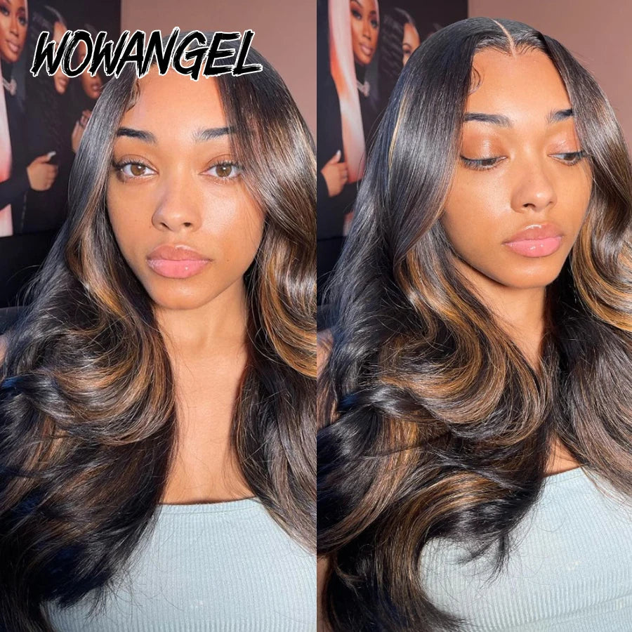 WOWANGEL Bye Bye Knots Wigs 1B30 Highlight HD Lace Closure Wig Body Wave Human Hair Wig Ready to Go Glueless Wig Bleached Knots