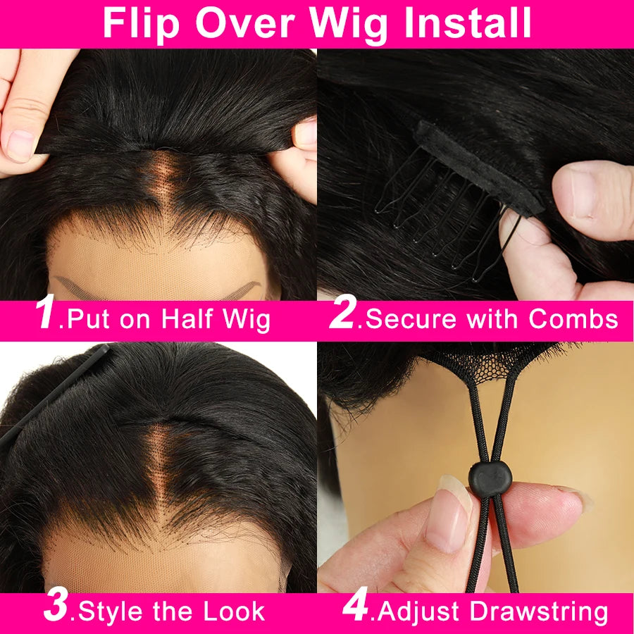 Burmese Curly Flip Over Wigs 3 In 1 Wear Go Glueless Half Wig Human Hair with Drawstring Spiral End Seamless 250% Curly Hair