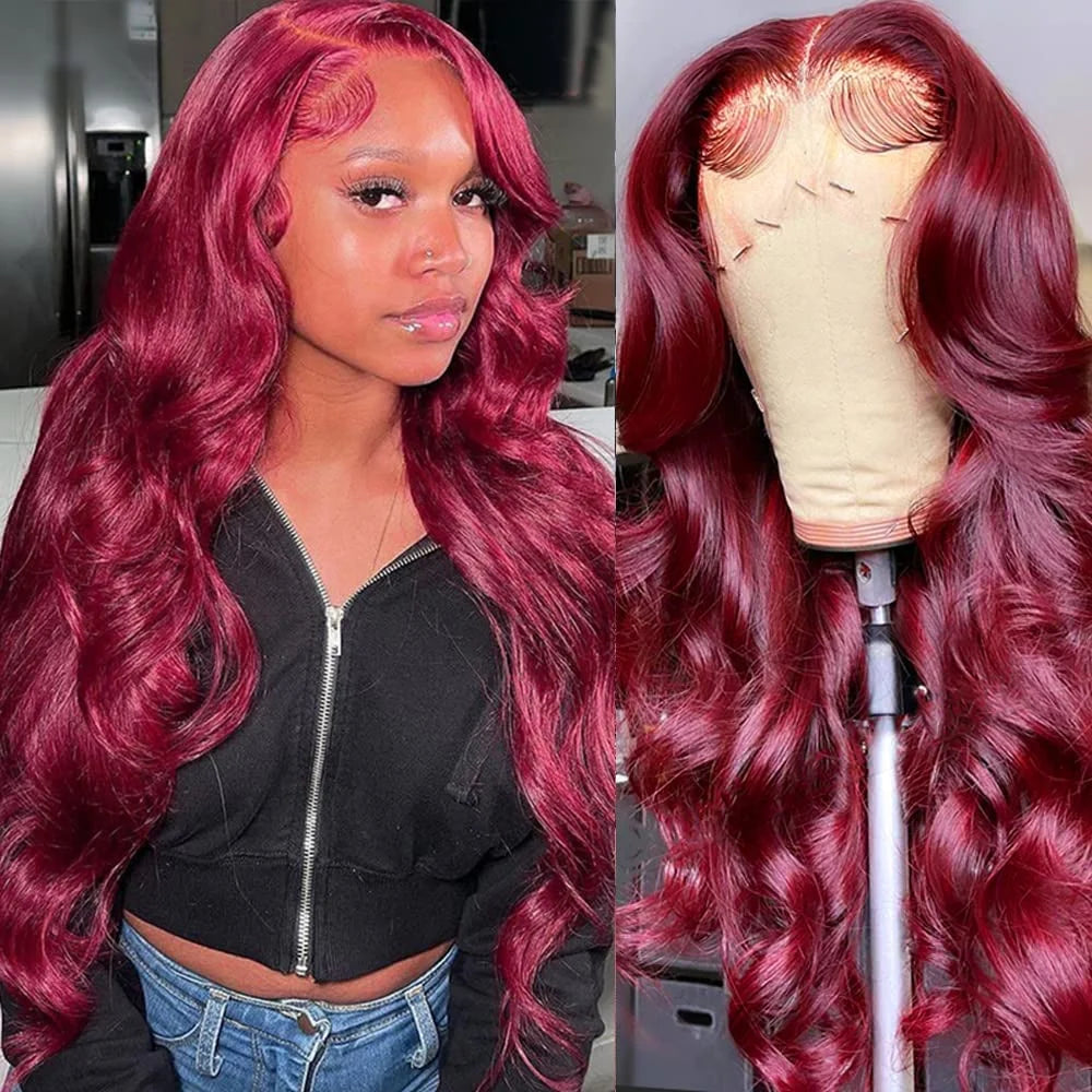 Bleached Burgundy 13x4 Tranparent Lace Front Human Hair Wigs Red Colored 99j Body Wave Lace Frontal Wig Pre Plucked 180%