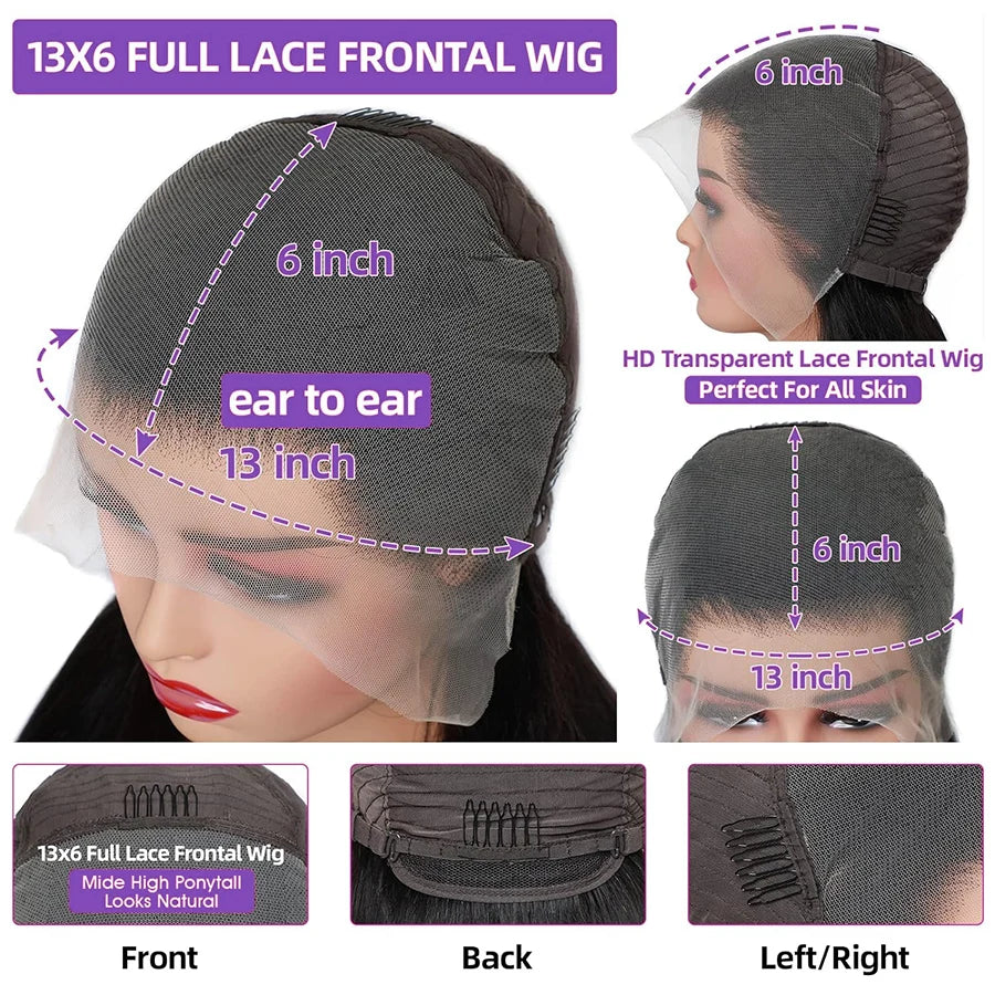 13x6 Full Frontal Human Hair Wig Kinky Straight Wig Transparent Lace PrePlucked Full 13x6 Lace 12A Virgin Human Hair Wigs Lemoda