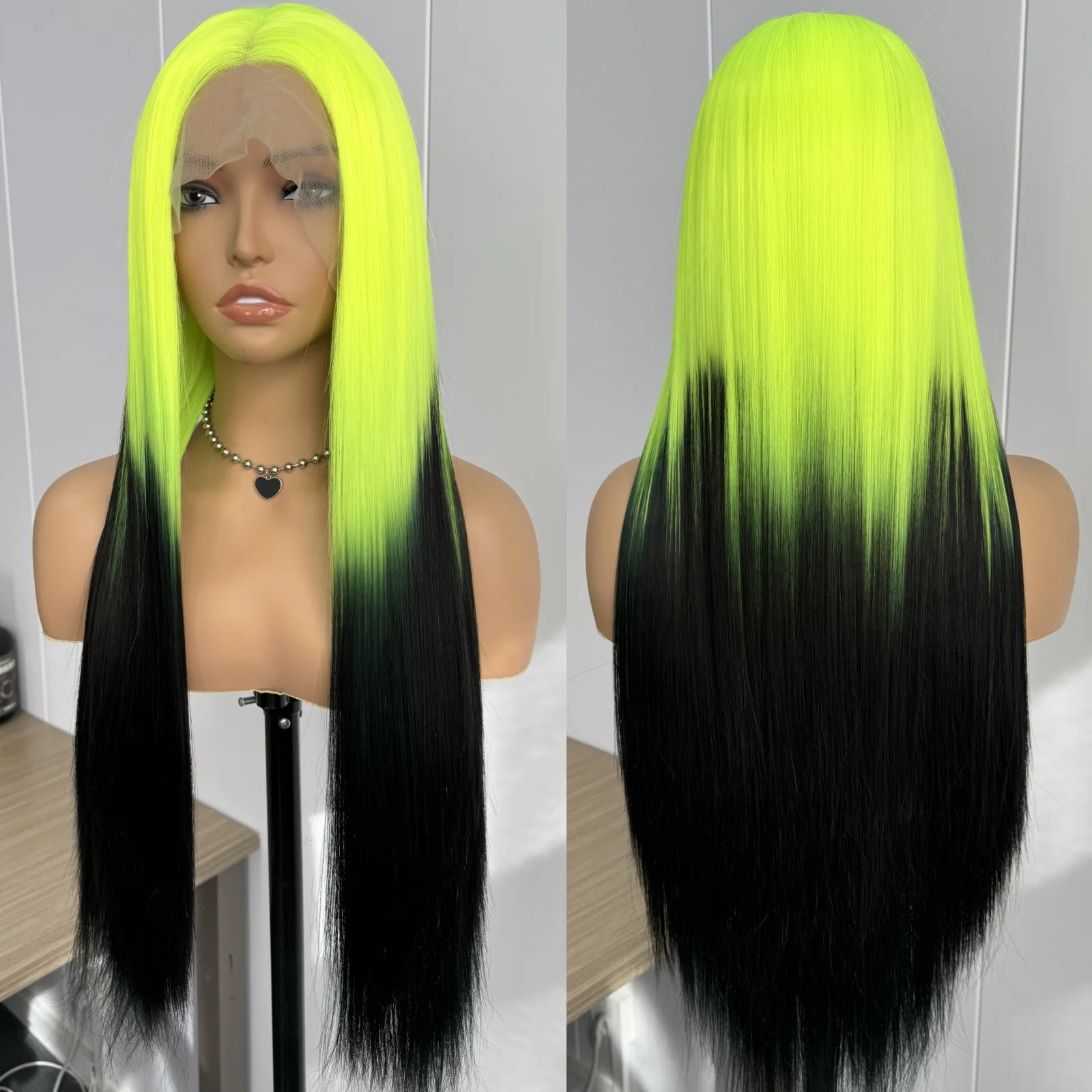 Ombre Wigs for Women Long Silky Straight Synthetic Hair Free Part Yaki Highlight Ombre Green Two Tones 13X4 Lace Glueless Wig