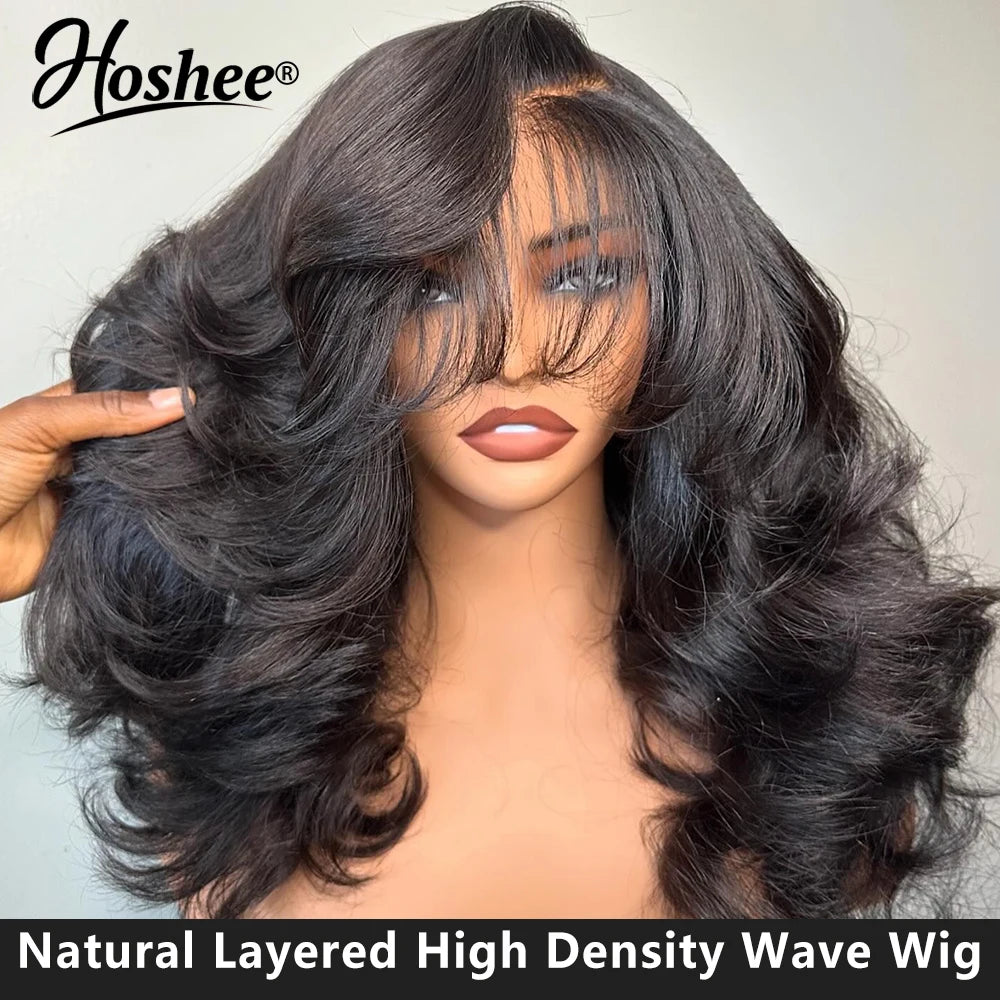 Glueless Layered Curtain Bangs Wig Human Hair Wear&Go 13x4 Lace Front Human Hair Wigs For Black Women 4x4 Lace Closure Wig 250%
