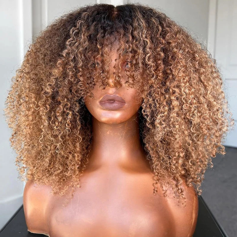 Ombre Afro Kinky Curly Wigs Human Hair with Bangs Brazilian Blonde Wig Scalp Top Full Machine Made Human Hair Wigs for Women