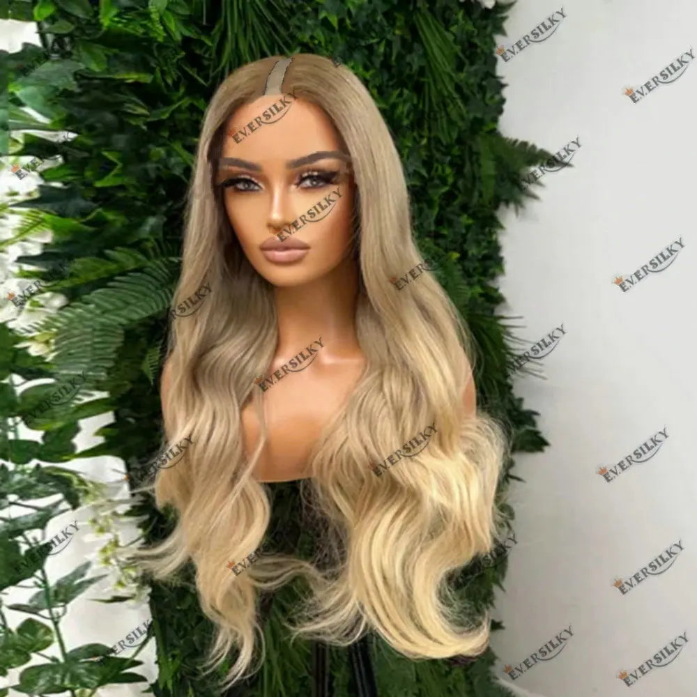 U Part Wig Human Hair Slightly Wavy Rooted Light Golden Blonde for Women Easy Wear1*4Size V Part Wig Human Hair Remy Indian Hair