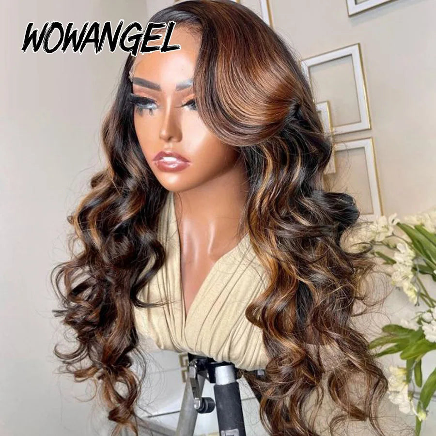 WOWANGEL Bye Bye Knots Wigs 1B30 Highlight HD Lace Closure Wig Body Wave Human Hair Wig Ready to Go Glueless Wig Bleached Knots