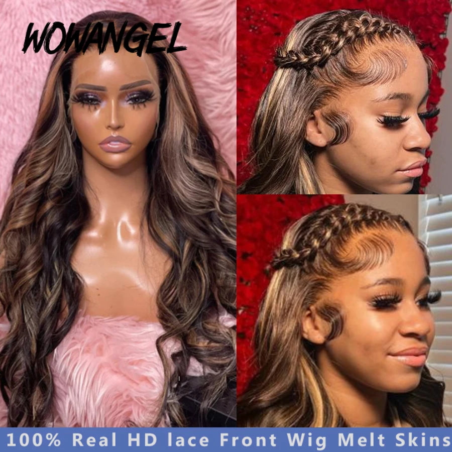 Wow Angel 250% 13x4 HD Lace Frontal Wigs Body Wave Highlight Wig Pre Plucked Melt Skin Full Lace Frontal Wig HD Lace Closure Wig