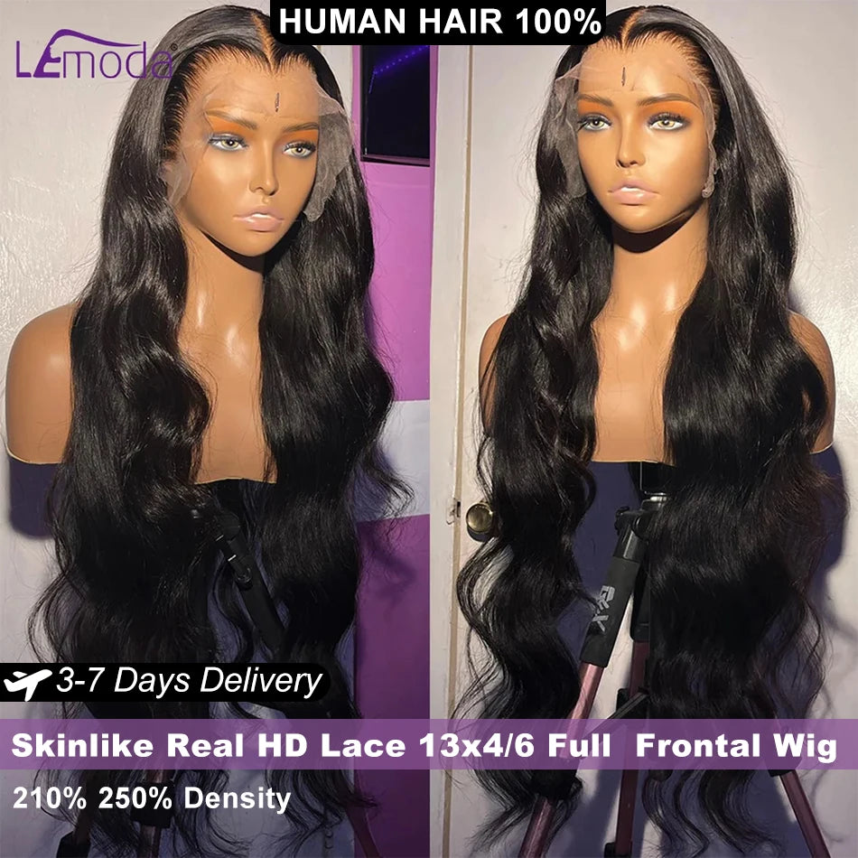 34 Inches 13x6 HD Lace Frontal Wig Body Wave Wigs 250 Density Preplucked Virgin Human Hair SKINLIKE Real HD Lace Wig Lemoda Hair