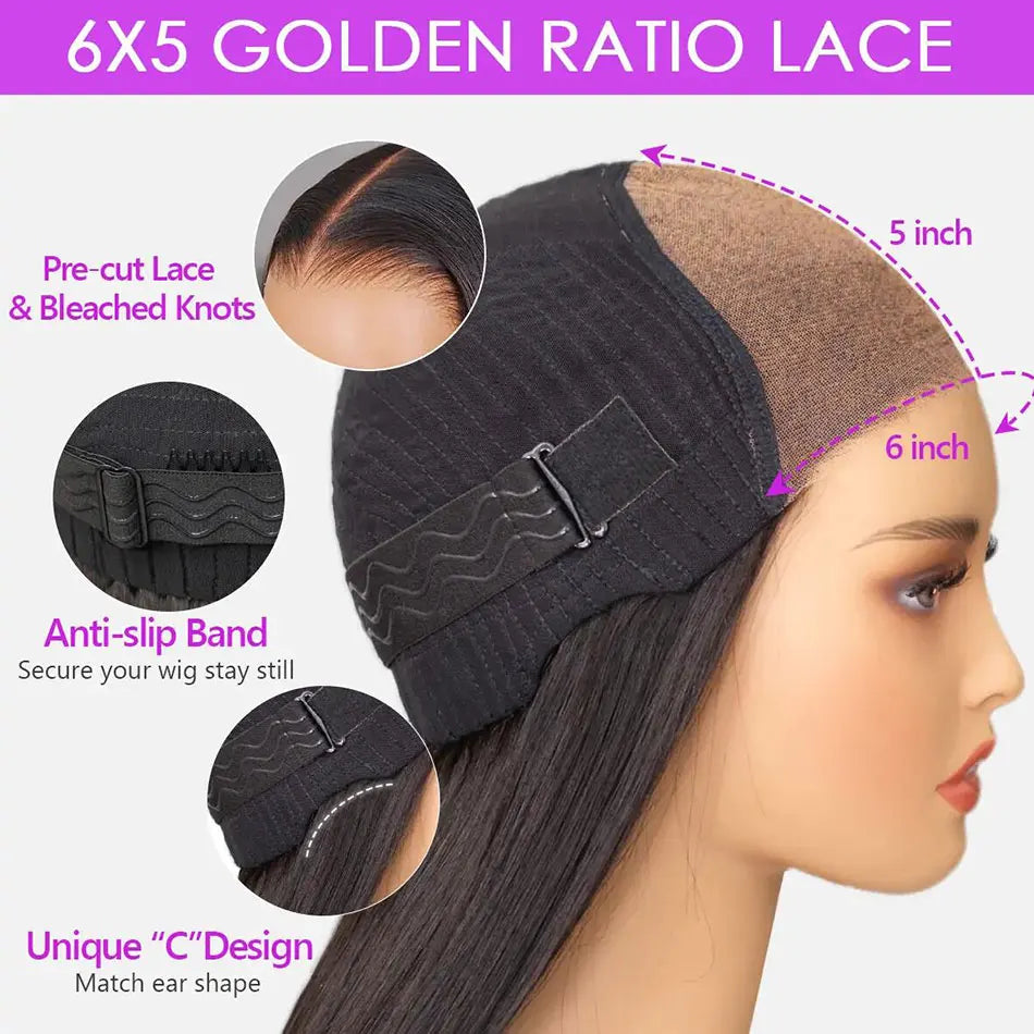 Celie Pre-bleached Knots Kinky Straight HD Lace Closure Wig 6×5 Pre-cut Lace Glueless Wig Wear & Go Pre Plucked Human Hair Wigs