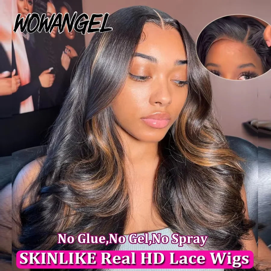 WOWANGEL Bye Bye Knots Wigs 1B30 Highlight HD Lace Closure Wig Body Wave Human Hair Wig Ready to Go Glueless Wig Bleached Knots