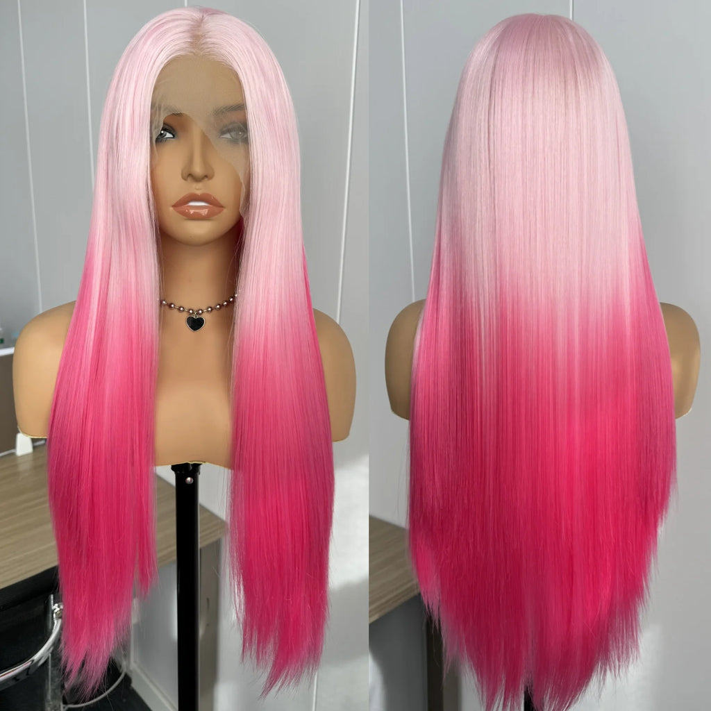 Ombre Wigs for Women Long Silky Straight Synthetic Hair Free Part Yaki Highlight Ombre Green Two Tones 13X4 Lace Glueless Wig