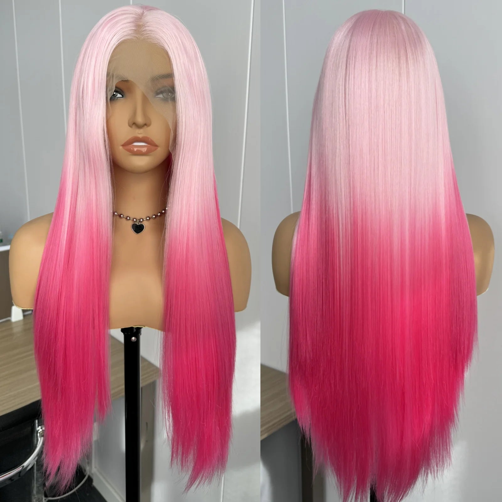 Ombre Wigs for Women Long Silky Straight Synthetic Hair Free Part Yaki Highlight Ombre Green Two Tones 13X4 Lace Glueless Wig